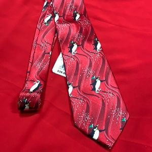 Holidays skating penguin silk tie. NWT!!